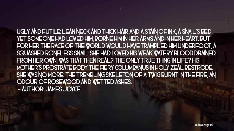 James Joyce Quotes: Ugly And Futile: Lean Neck And Thick Hair And A Stain Of Ink, A Snail's Bed. Yet Someone Had Loved