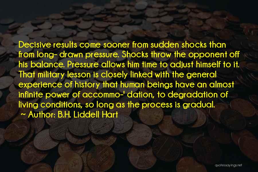 B.H. Liddell Hart Quotes: Decisive Results Come Sooner From Sudden Shocks Than From Long- Drawn Pressure. Shocks Throw The Opponent Off His Balance. Pressure
