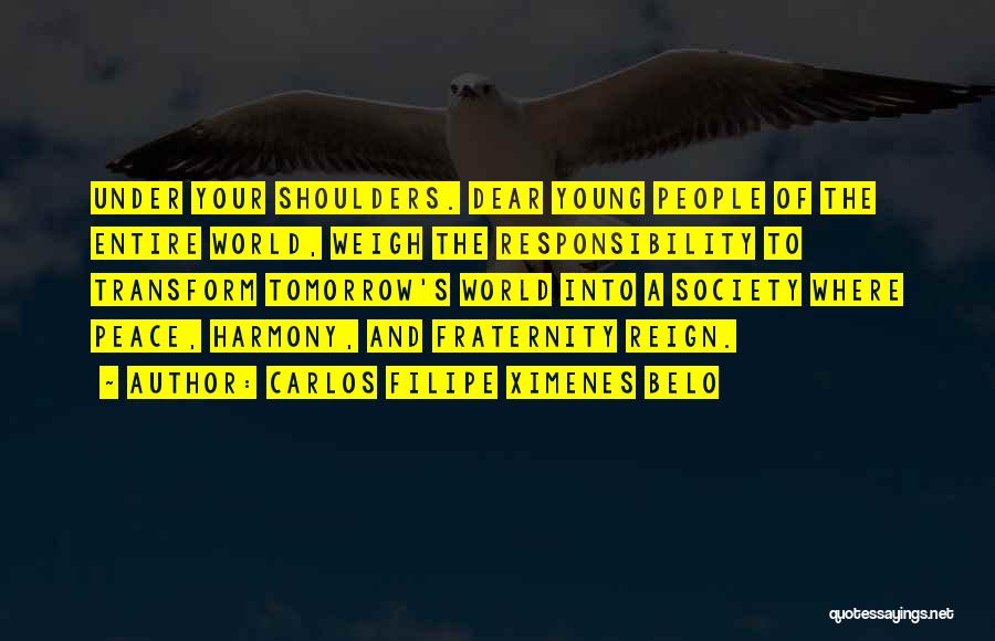 Carlos Filipe Ximenes Belo Quotes: Under Your Shoulders. Dear Young People Of The Entire World, Weigh The Responsibility To Transform Tomorrow's World Into A Society