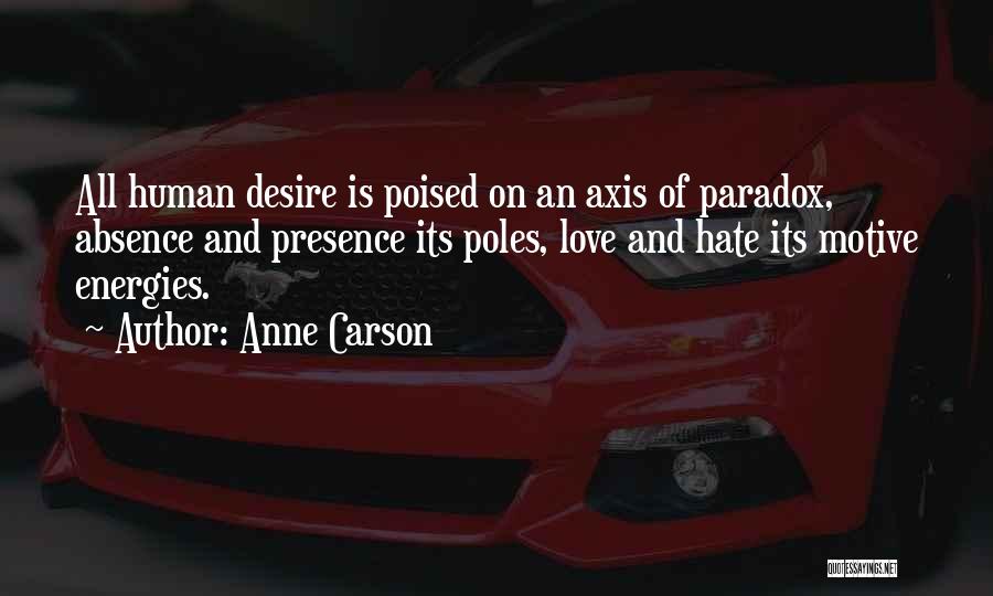 Anne Carson Quotes: All Human Desire Is Poised On An Axis Of Paradox, Absence And Presence Its Poles, Love And Hate Its Motive