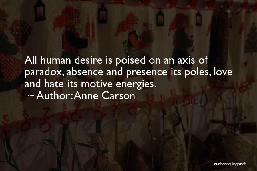 Anne Carson Quotes: All Human Desire Is Poised On An Axis Of Paradox, Absence And Presence Its Poles, Love And Hate Its Motive