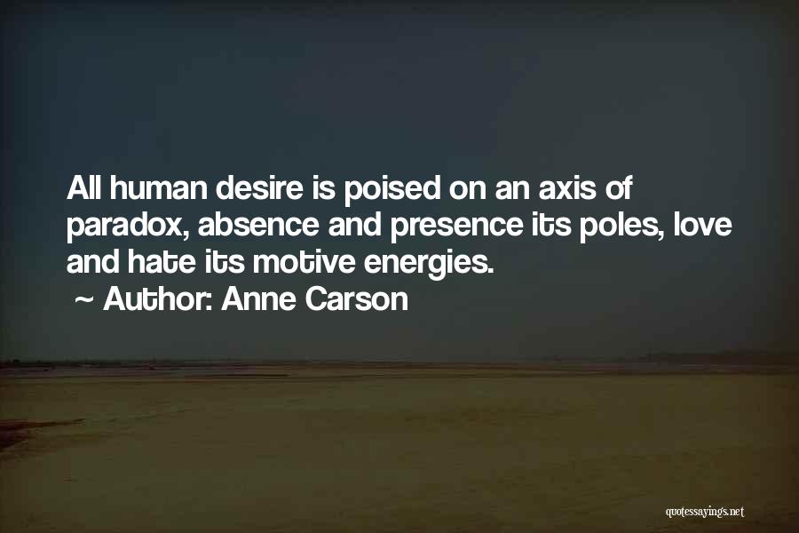 Anne Carson Quotes: All Human Desire Is Poised On An Axis Of Paradox, Absence And Presence Its Poles, Love And Hate Its Motive