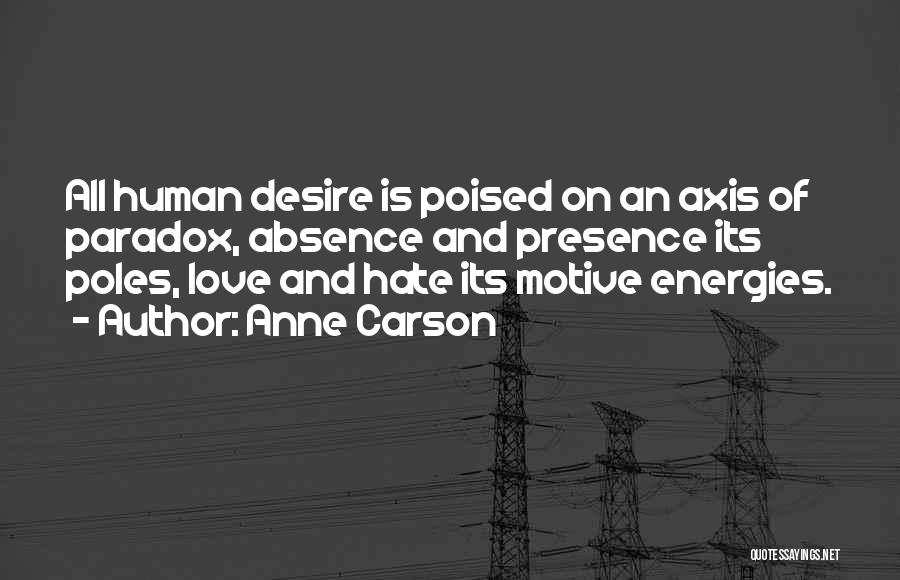 Anne Carson Quotes: All Human Desire Is Poised On An Axis Of Paradox, Absence And Presence Its Poles, Love And Hate Its Motive