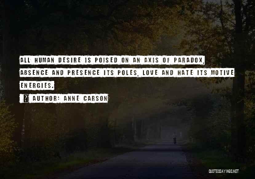 Anne Carson Quotes: All Human Desire Is Poised On An Axis Of Paradox, Absence And Presence Its Poles, Love And Hate Its Motive