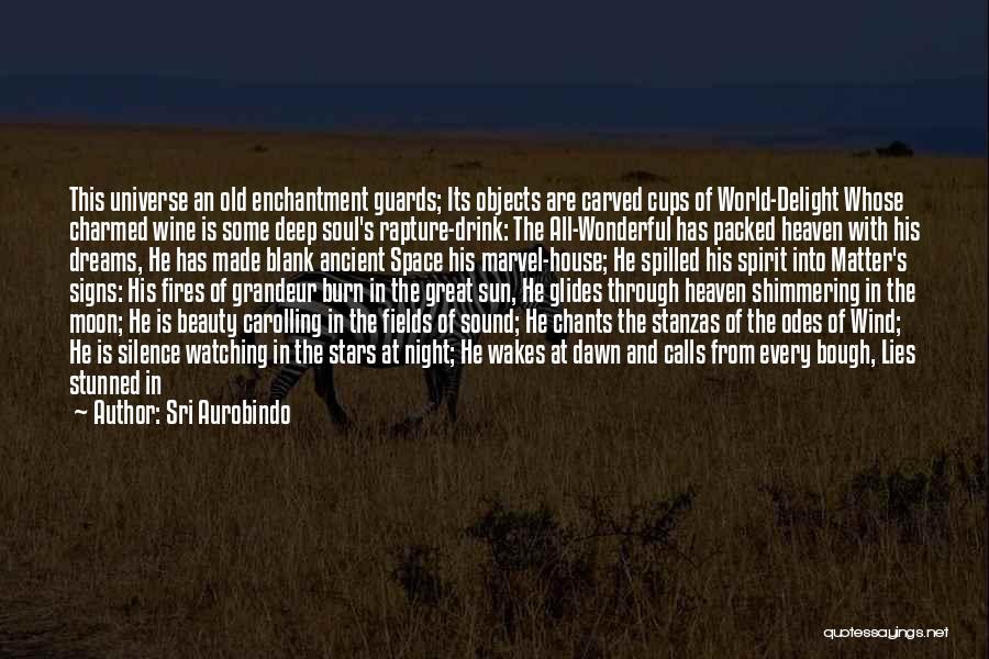 Sri Aurobindo Quotes: This Universe An Old Enchantment Guards; Its Objects Are Carved Cups Of World-delight Whose Charmed Wine Is Some Deep Soul's