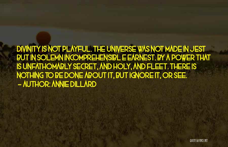 Annie Dillard Quotes: Divinity Is Not Playful. The Universe Was Not Made In Jest But In Solemn Incomprehensibl E Earnest. By A Power