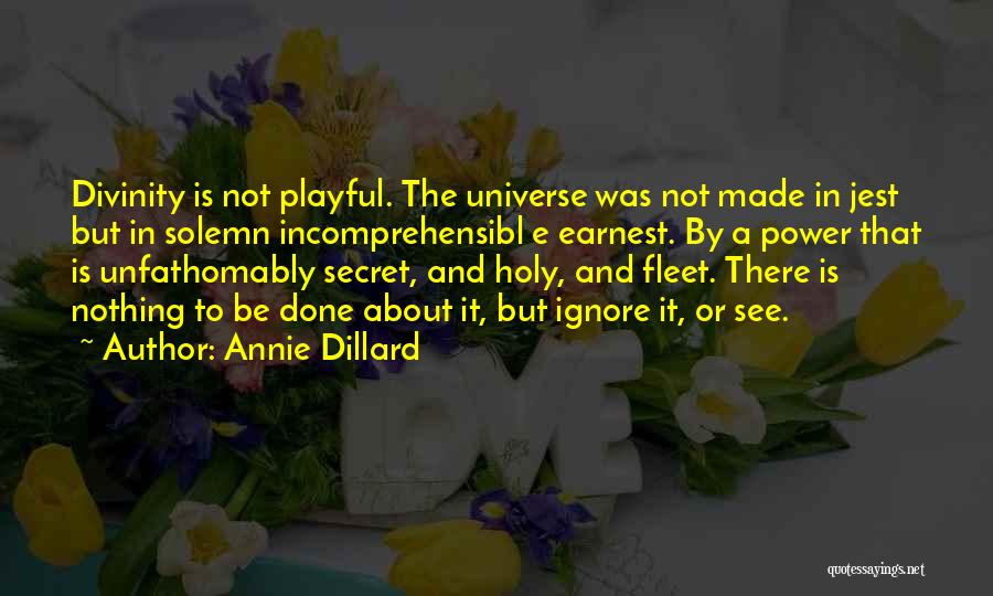 Annie Dillard Quotes: Divinity Is Not Playful. The Universe Was Not Made In Jest But In Solemn Incomprehensibl E Earnest. By A Power