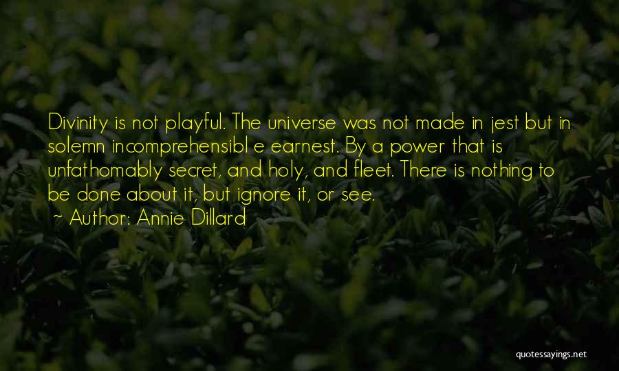 Annie Dillard Quotes: Divinity Is Not Playful. The Universe Was Not Made In Jest But In Solemn Incomprehensibl E Earnest. By A Power