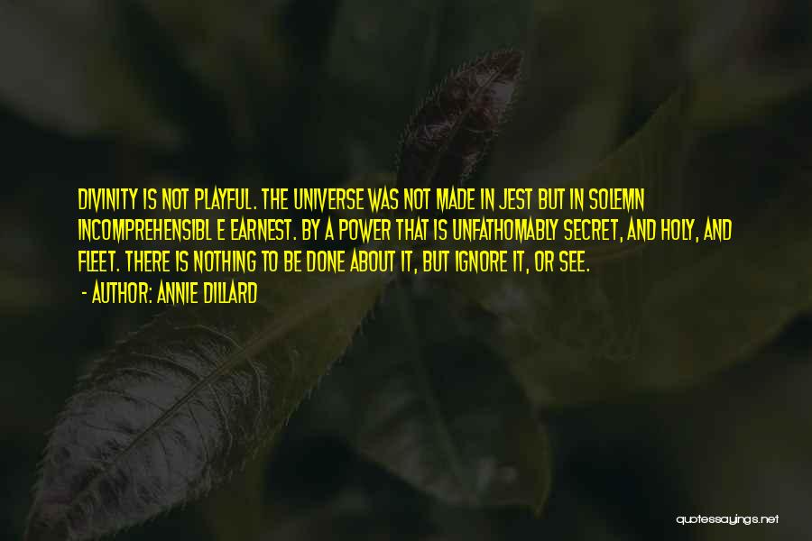 Annie Dillard Quotes: Divinity Is Not Playful. The Universe Was Not Made In Jest But In Solemn Incomprehensibl E Earnest. By A Power