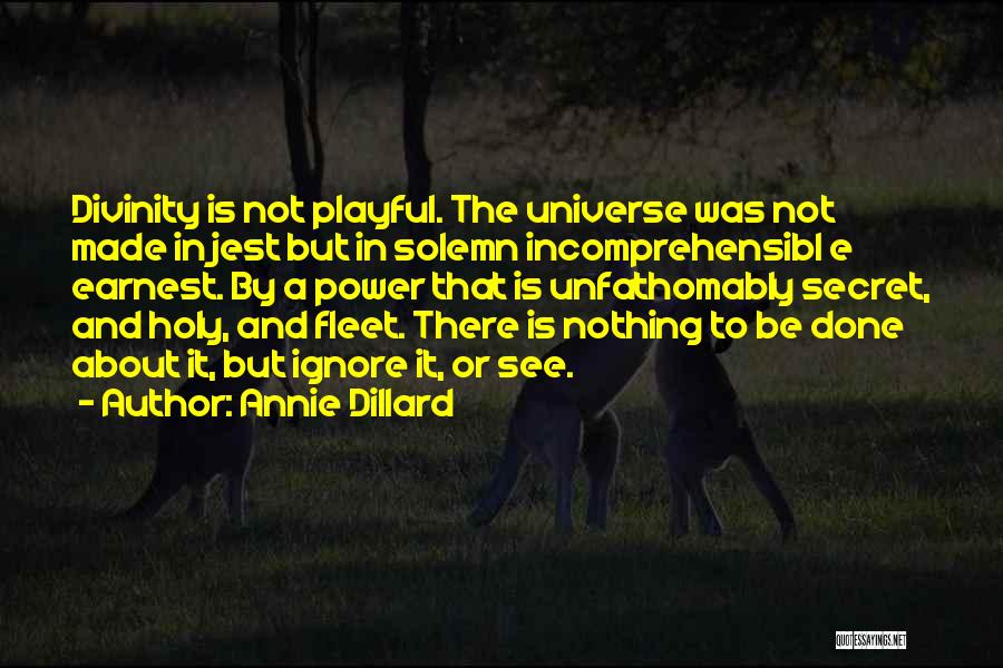 Annie Dillard Quotes: Divinity Is Not Playful. The Universe Was Not Made In Jest But In Solemn Incomprehensibl E Earnest. By A Power