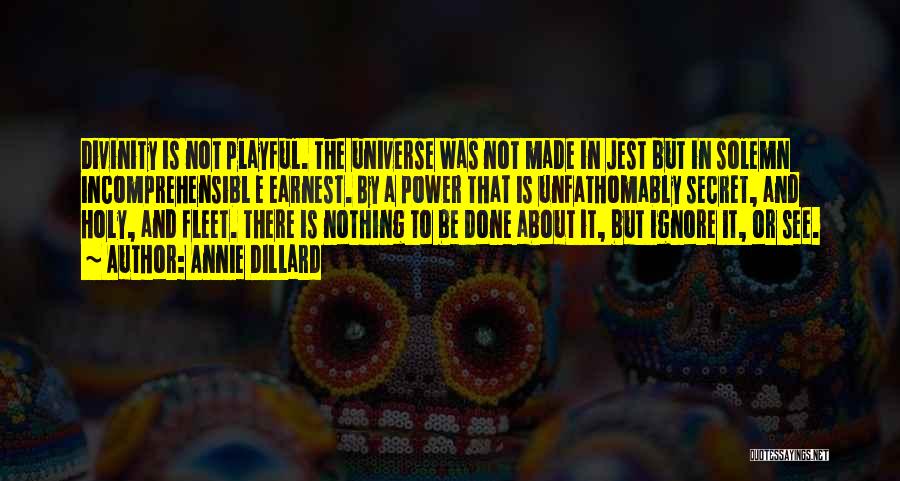 Annie Dillard Quotes: Divinity Is Not Playful. The Universe Was Not Made In Jest But In Solemn Incomprehensibl E Earnest. By A Power
