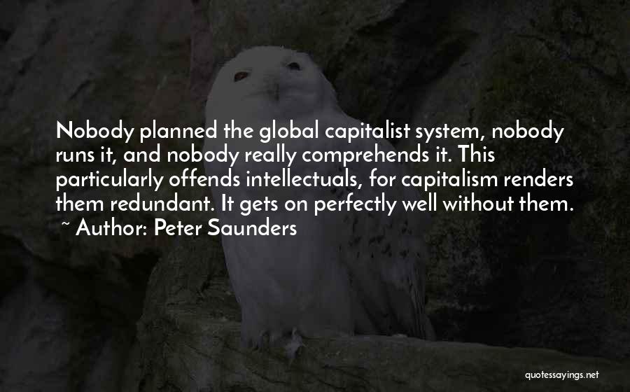 Peter Saunders Quotes: Nobody Planned The Global Capitalist System, Nobody Runs It, And Nobody Really Comprehends It. This Particularly Offends Intellectuals, For Capitalism