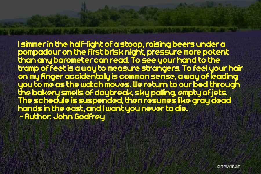 John Godfrey Quotes: I Simmer In The Half-light Of A Stoop, Raising Beers Under A Pompadour On The First Brisk Night, Pressure More