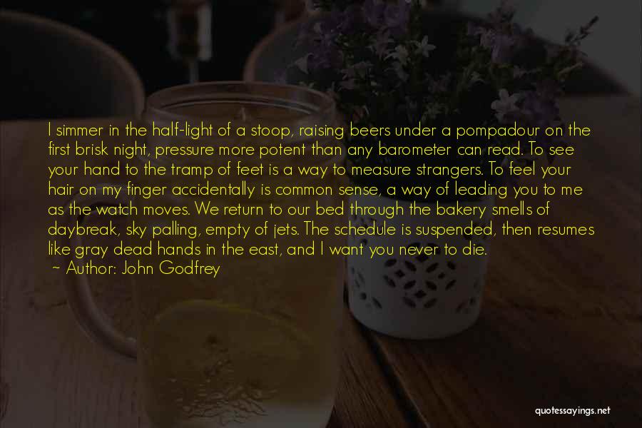 John Godfrey Quotes: I Simmer In The Half-light Of A Stoop, Raising Beers Under A Pompadour On The First Brisk Night, Pressure More