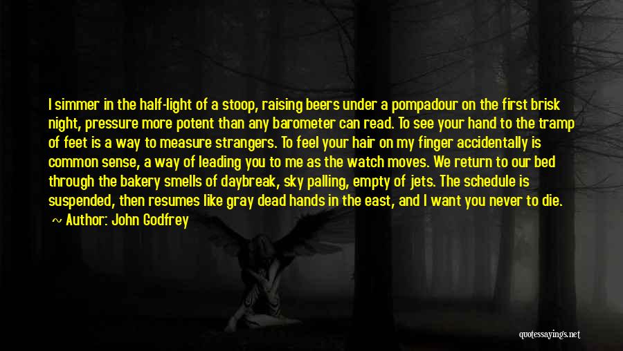 John Godfrey Quotes: I Simmer In The Half-light Of A Stoop, Raising Beers Under A Pompadour On The First Brisk Night, Pressure More