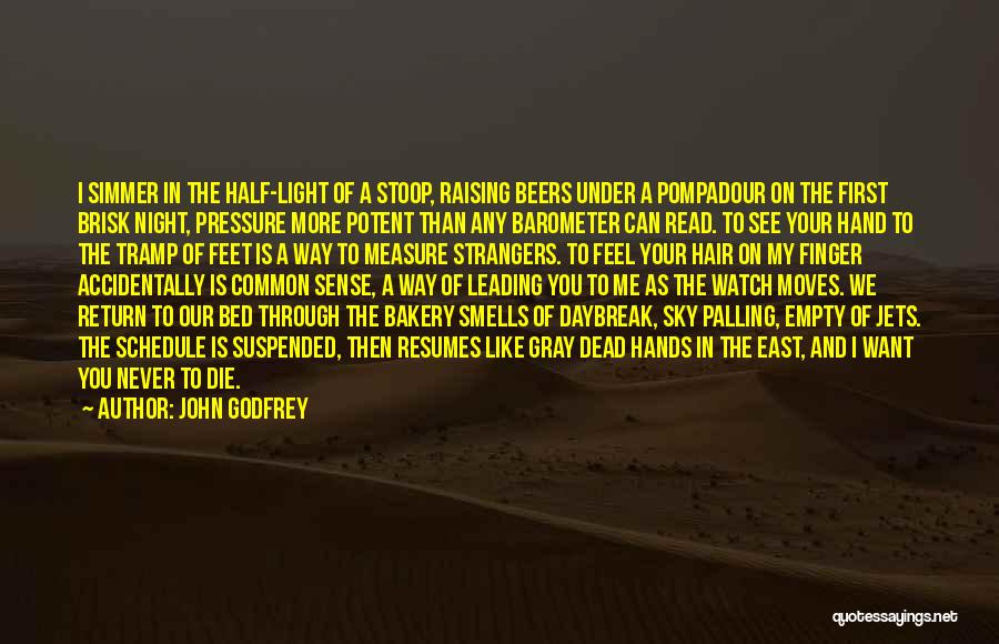 John Godfrey Quotes: I Simmer In The Half-light Of A Stoop, Raising Beers Under A Pompadour On The First Brisk Night, Pressure More