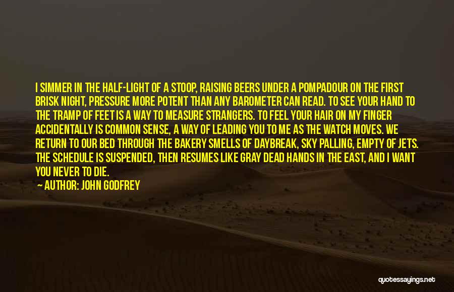 John Godfrey Quotes: I Simmer In The Half-light Of A Stoop, Raising Beers Under A Pompadour On The First Brisk Night, Pressure More