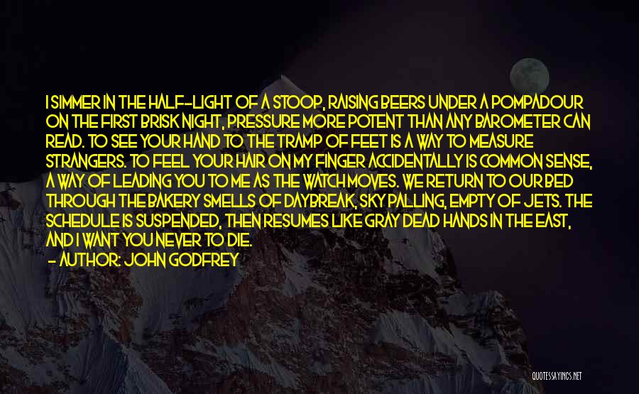 John Godfrey Quotes: I Simmer In The Half-light Of A Stoop, Raising Beers Under A Pompadour On The First Brisk Night, Pressure More