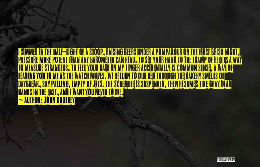John Godfrey Quotes: I Simmer In The Half-light Of A Stoop, Raising Beers Under A Pompadour On The First Brisk Night, Pressure More