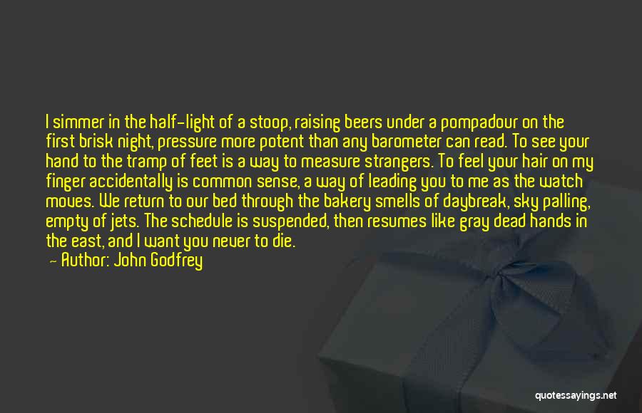 John Godfrey Quotes: I Simmer In The Half-light Of A Stoop, Raising Beers Under A Pompadour On The First Brisk Night, Pressure More