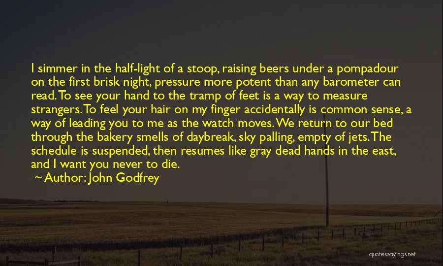 John Godfrey Quotes: I Simmer In The Half-light Of A Stoop, Raising Beers Under A Pompadour On The First Brisk Night, Pressure More