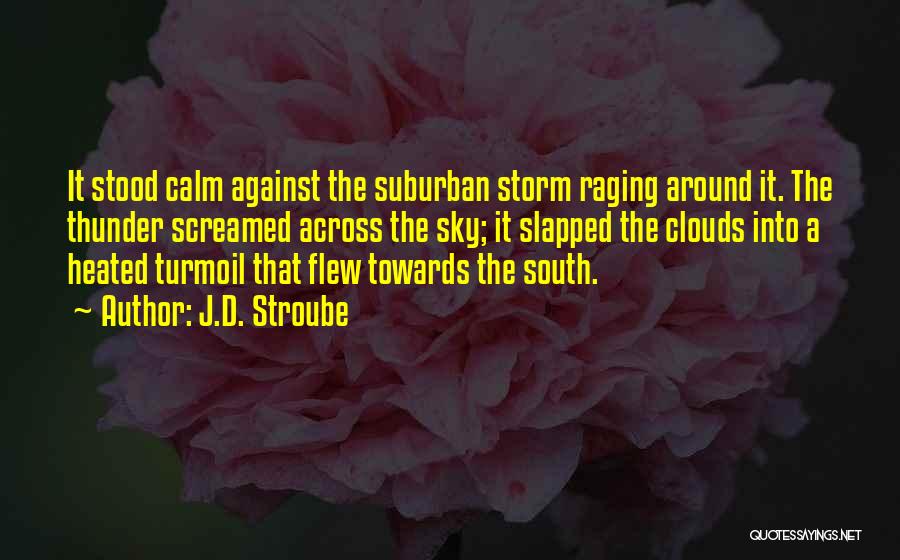 J.D. Stroube Quotes: It Stood Calm Against The Suburban Storm Raging Around It. The Thunder Screamed Across The Sky; It Slapped The Clouds