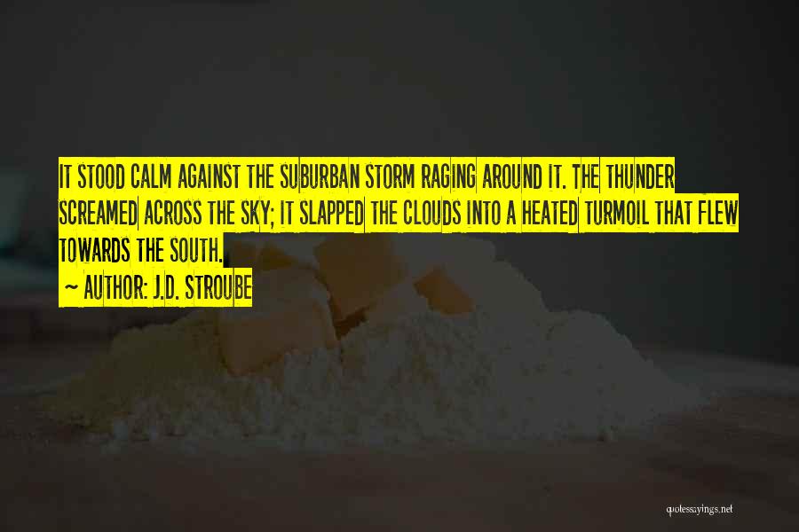 J.D. Stroube Quotes: It Stood Calm Against The Suburban Storm Raging Around It. The Thunder Screamed Across The Sky; It Slapped The Clouds