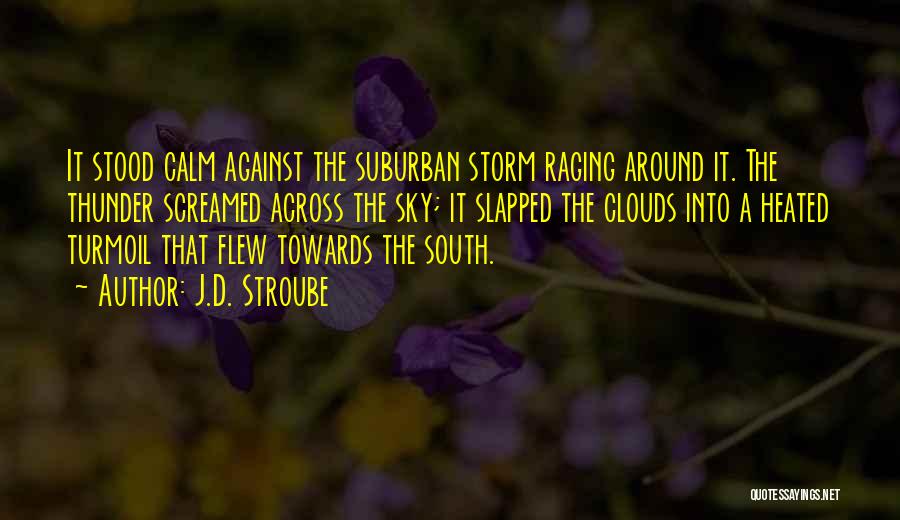 J.D. Stroube Quotes: It Stood Calm Against The Suburban Storm Raging Around It. The Thunder Screamed Across The Sky; It Slapped The Clouds