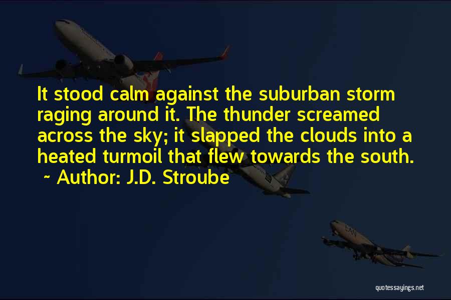 J.D. Stroube Quotes: It Stood Calm Against The Suburban Storm Raging Around It. The Thunder Screamed Across The Sky; It Slapped The Clouds