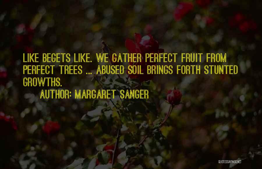 Margaret Sanger Quotes: Like Begets Like. We Gather Perfect Fruit From Perfect Trees ... Abused Soil Brings Forth Stunted Growths.