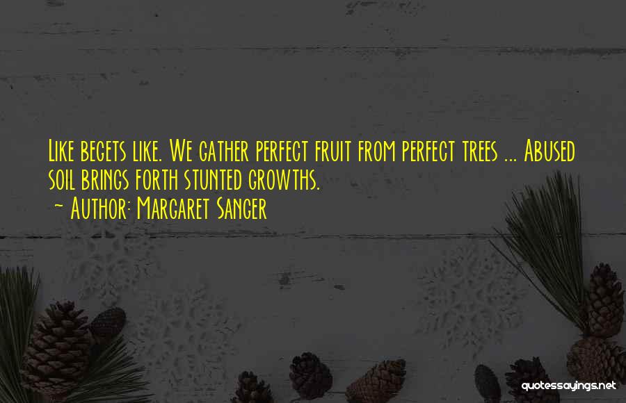 Margaret Sanger Quotes: Like Begets Like. We Gather Perfect Fruit From Perfect Trees ... Abused Soil Brings Forth Stunted Growths.