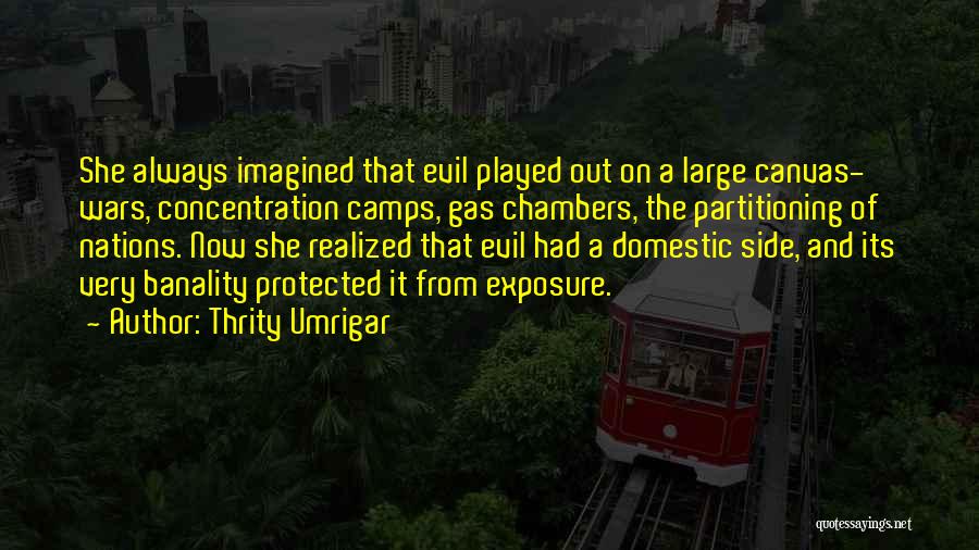 Thrity Umrigar Quotes: She Always Imagined That Evil Played Out On A Large Canvas- Wars, Concentration Camps, Gas Chambers, The Partitioning Of Nations.