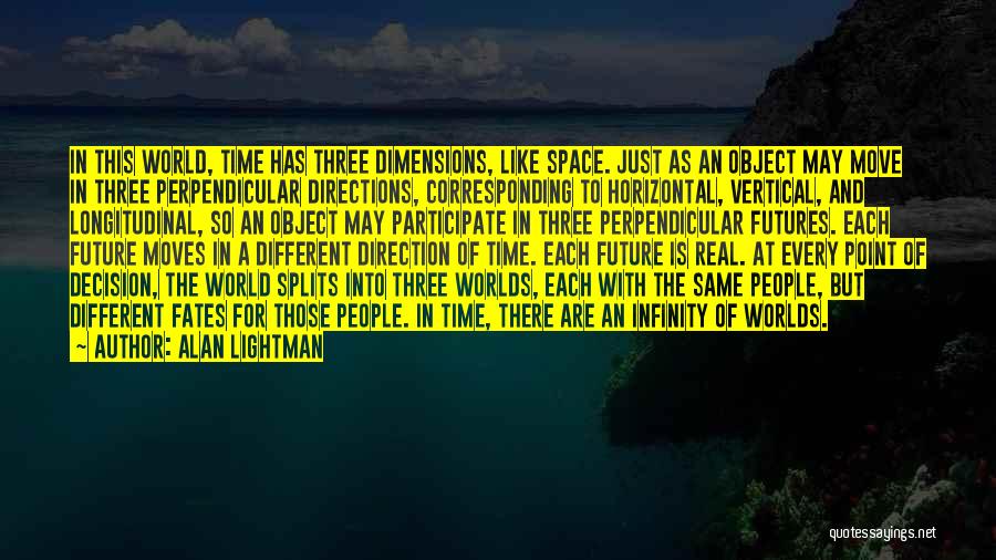 Alan Lightman Quotes: In This World, Time Has Three Dimensions, Like Space. Just As An Object May Move In Three Perpendicular Directions, Corresponding