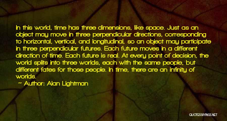 Alan Lightman Quotes: In This World, Time Has Three Dimensions, Like Space. Just As An Object May Move In Three Perpendicular Directions, Corresponding