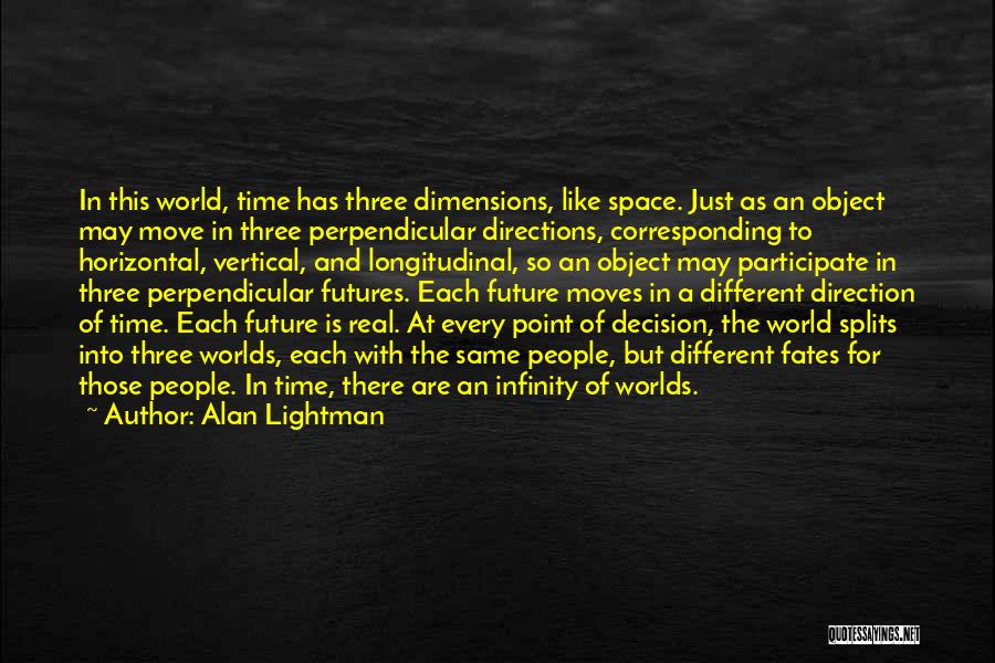 Alan Lightman Quotes: In This World, Time Has Three Dimensions, Like Space. Just As An Object May Move In Three Perpendicular Directions, Corresponding