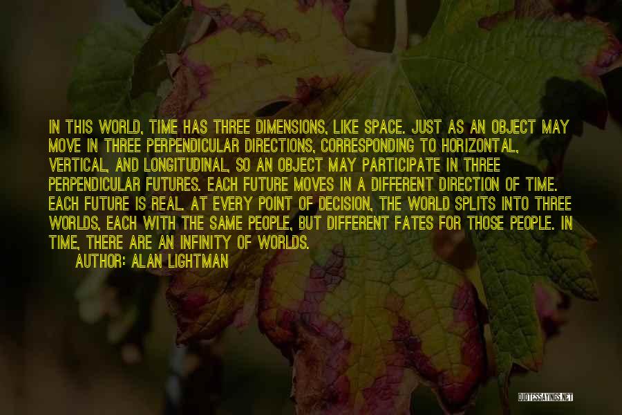 Alan Lightman Quotes: In This World, Time Has Three Dimensions, Like Space. Just As An Object May Move In Three Perpendicular Directions, Corresponding