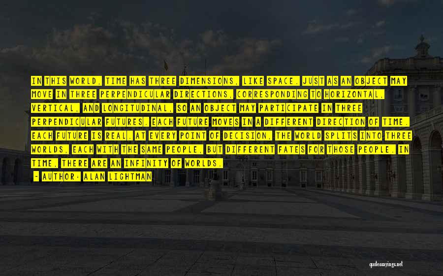 Alan Lightman Quotes: In This World, Time Has Three Dimensions, Like Space. Just As An Object May Move In Three Perpendicular Directions, Corresponding