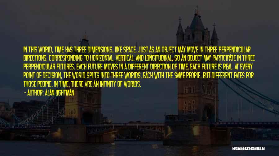 Alan Lightman Quotes: In This World, Time Has Three Dimensions, Like Space. Just As An Object May Move In Three Perpendicular Directions, Corresponding