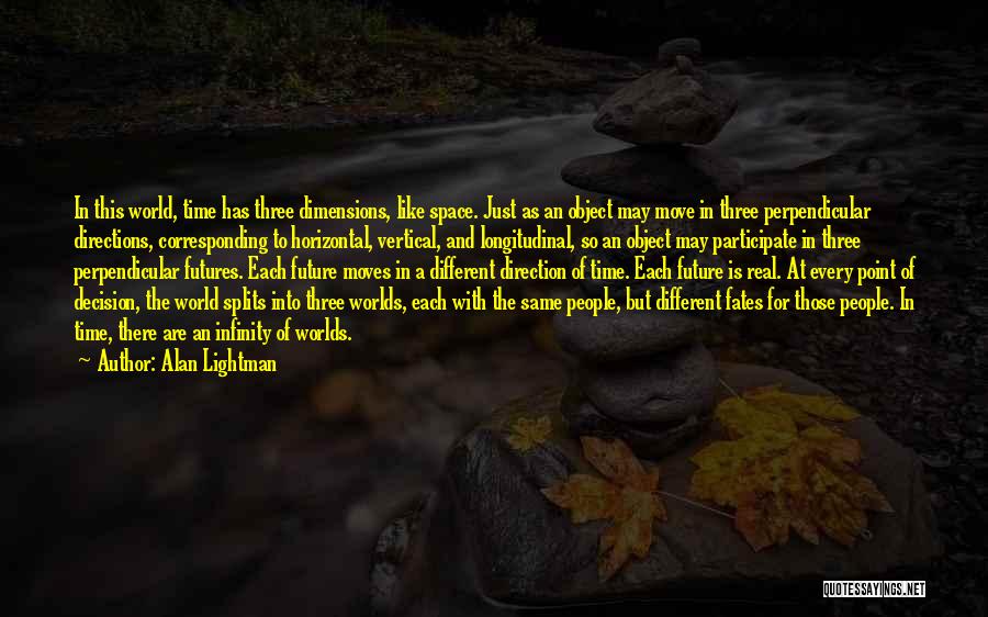 Alan Lightman Quotes: In This World, Time Has Three Dimensions, Like Space. Just As An Object May Move In Three Perpendicular Directions, Corresponding