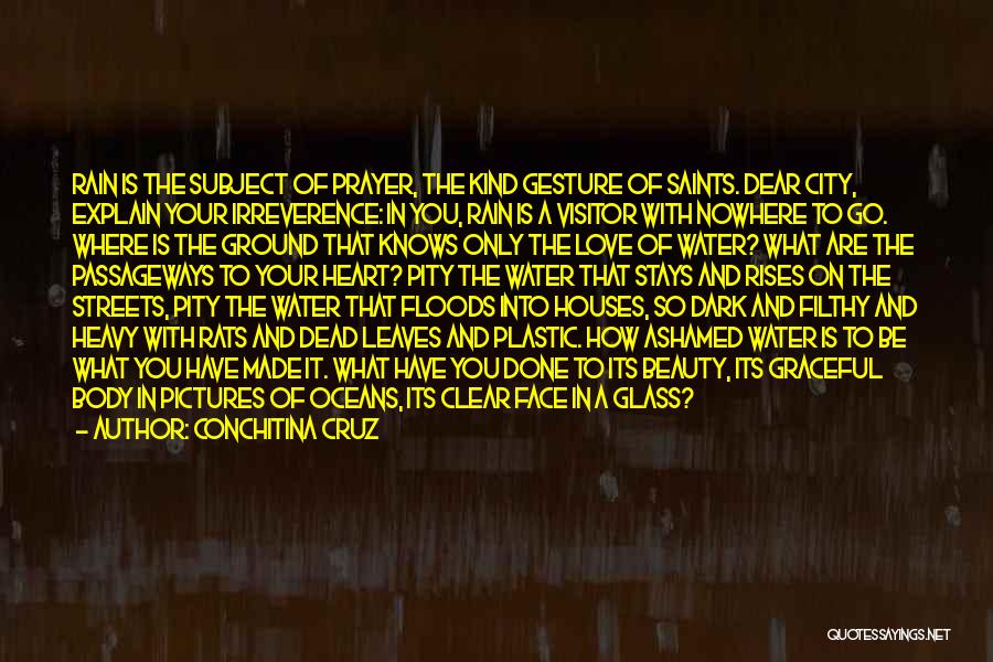 Conchitina Cruz Quotes: Rain Is The Subject Of Prayer, The Kind Gesture Of Saints. Dear City, Explain Your Irreverence: In You, Rain Is