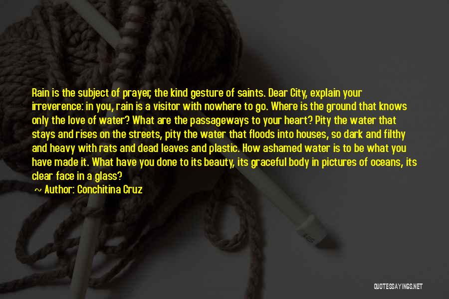 Conchitina Cruz Quotes: Rain Is The Subject Of Prayer, The Kind Gesture Of Saints. Dear City, Explain Your Irreverence: In You, Rain Is