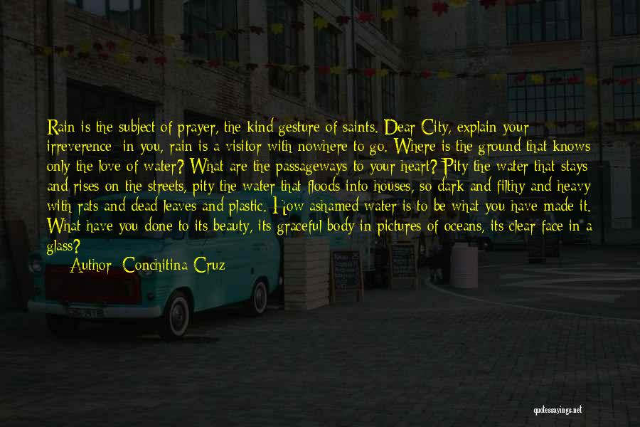 Conchitina Cruz Quotes: Rain Is The Subject Of Prayer, The Kind Gesture Of Saints. Dear City, Explain Your Irreverence: In You, Rain Is