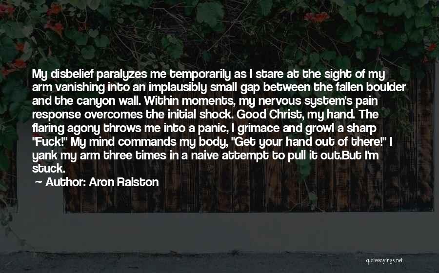 Aron Ralston Quotes: My Disbelief Paralyzes Me Temporarily As I Stare At The Sight Of My Arm Vanishing Into An Implausibly Small Gap