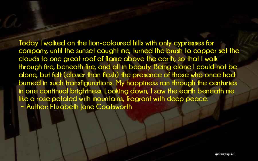 Elizabeth Jane Coatsworth Quotes: Today I Walked On The Lion-coloured Hills With Only Cypresses For Company, Until The Sunset Caught Me, Turned The Brush