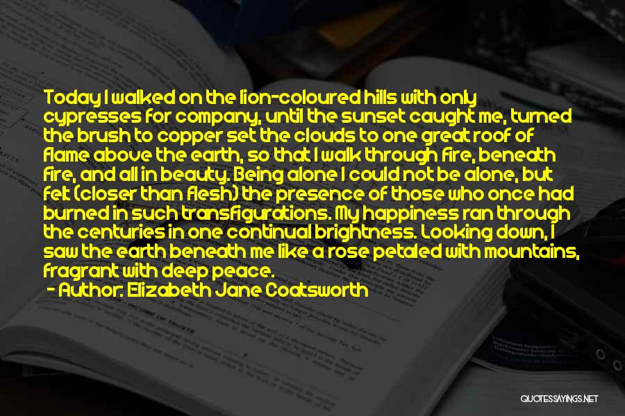 Elizabeth Jane Coatsworth Quotes: Today I Walked On The Lion-coloured Hills With Only Cypresses For Company, Until The Sunset Caught Me, Turned The Brush