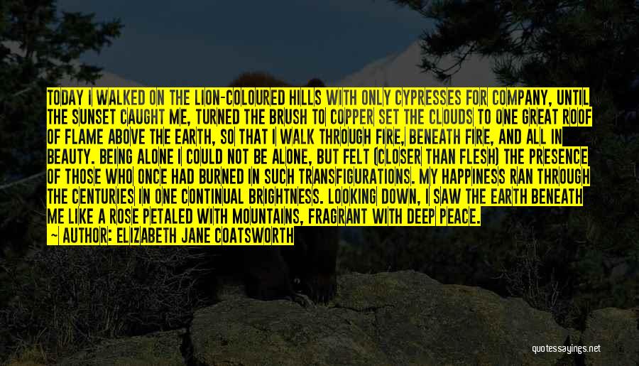 Elizabeth Jane Coatsworth Quotes: Today I Walked On The Lion-coloured Hills With Only Cypresses For Company, Until The Sunset Caught Me, Turned The Brush