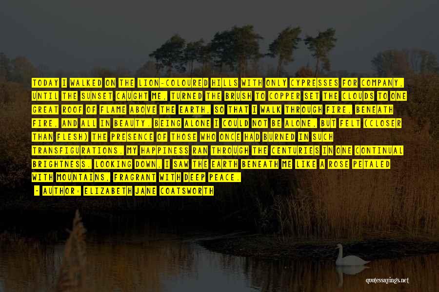Elizabeth Jane Coatsworth Quotes: Today I Walked On The Lion-coloured Hills With Only Cypresses For Company, Until The Sunset Caught Me, Turned The Brush