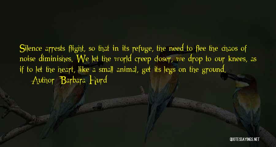 Barbara Hurd Quotes: Silence Arrests Flight, So That In Its Refuge, The Need To Flee The Chaos Of Noise Diminishes. We Let The