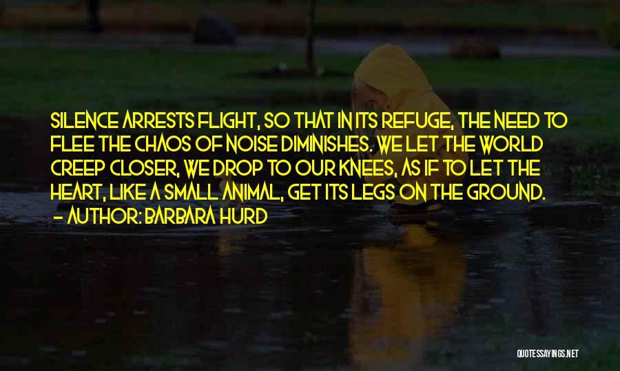 Barbara Hurd Quotes: Silence Arrests Flight, So That In Its Refuge, The Need To Flee The Chaos Of Noise Diminishes. We Let The