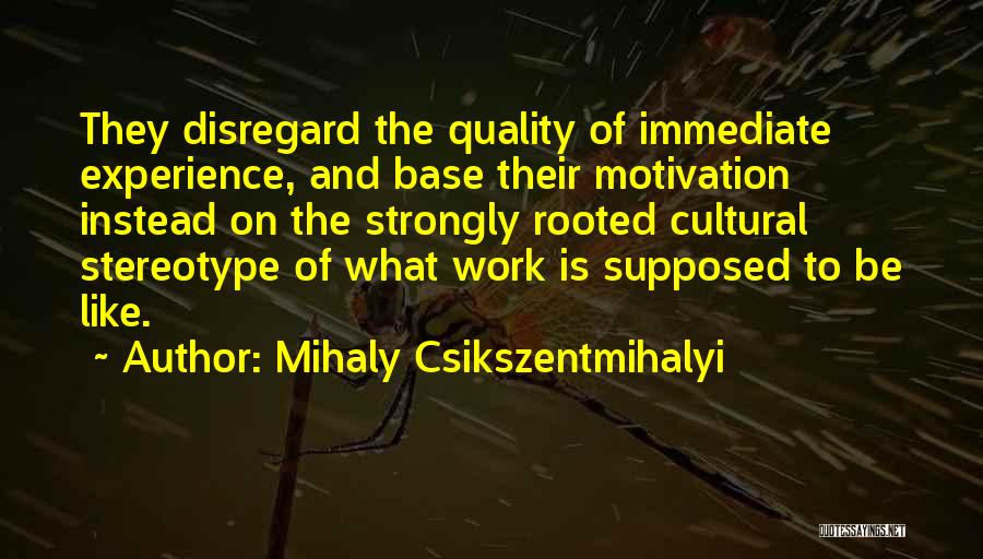Mihaly Csikszentmihalyi Quotes: They Disregard The Quality Of Immediate Experience, And Base Their Motivation Instead On The Strongly Rooted Cultural Stereotype Of What
